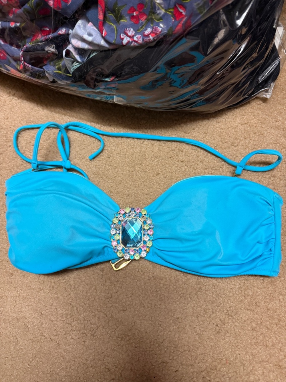Blue Bandeau Bikini Top with Jeweled Center